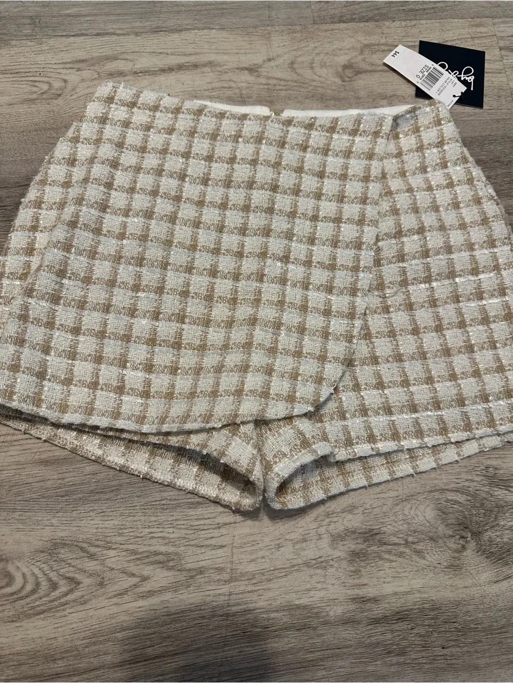 by & by Cream and Tan Tweed Plaid Skort-Style Shorts